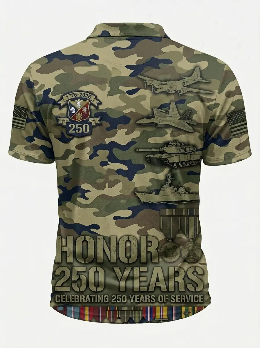 Moisture Wicking Golf Polo 3D Honor 250 Years Military Camo Veteran Button Short Sleeve Golf Polo Shirt