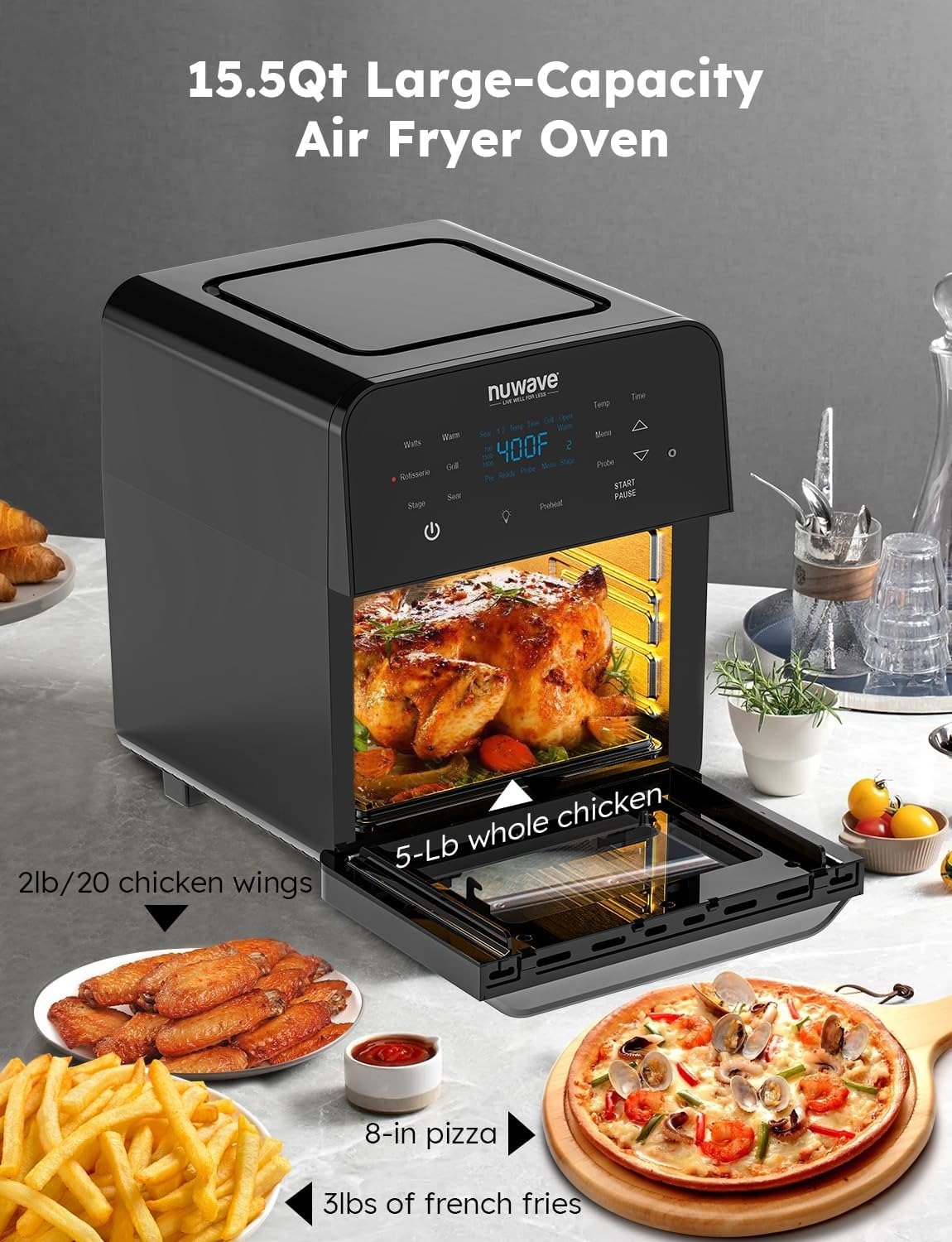 15.5QT XL Air Fryer Oven, 1800W Convection, Smart Thermometer, 100 Presets, Rotisserie & Grill/Griddle, Dishwasher Safe, Black