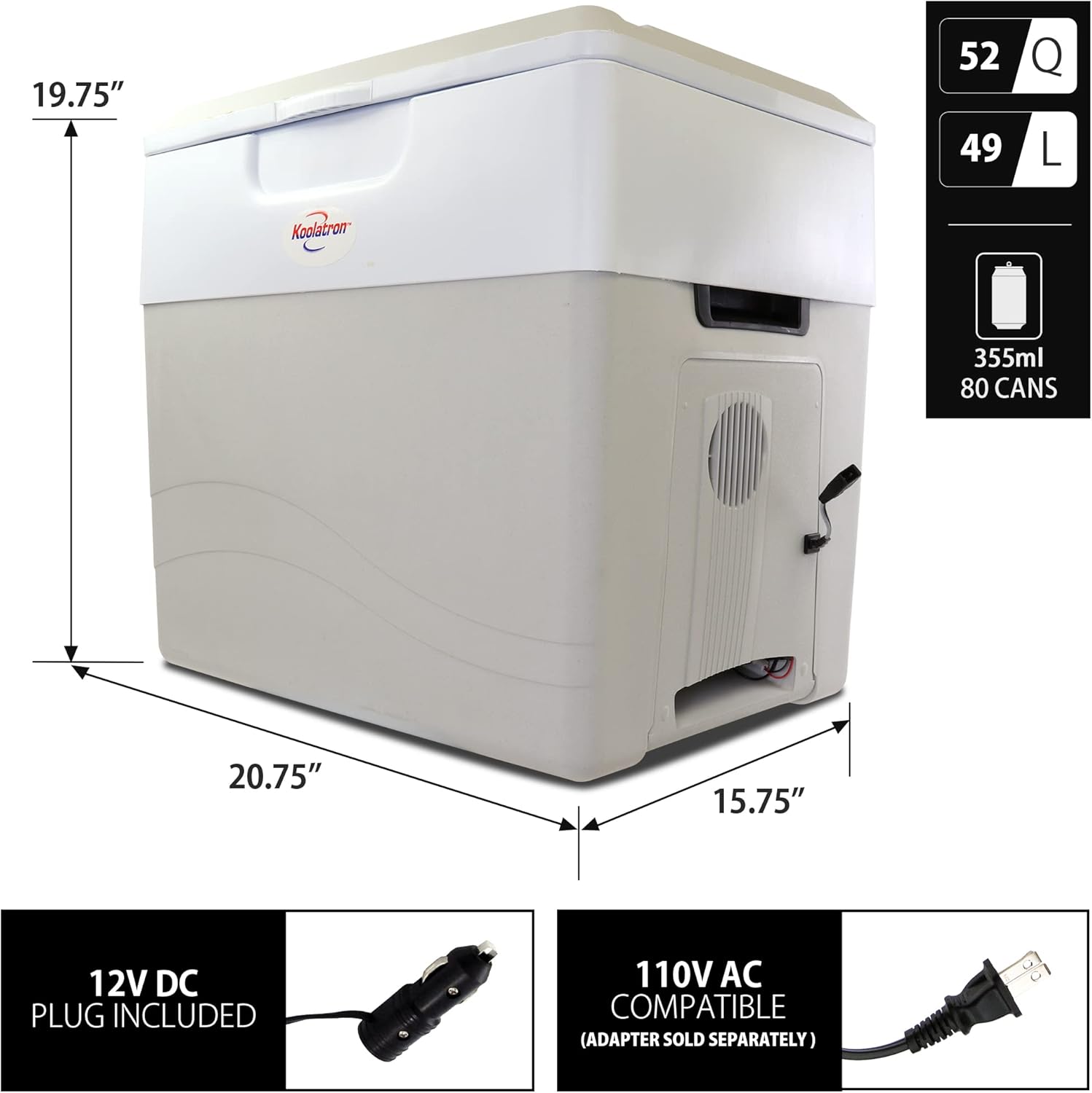Koolatron P85 52 Qt Electric Portable Car Fridge, 12V Cooler/Warmer, Gray, for Camping & Travel