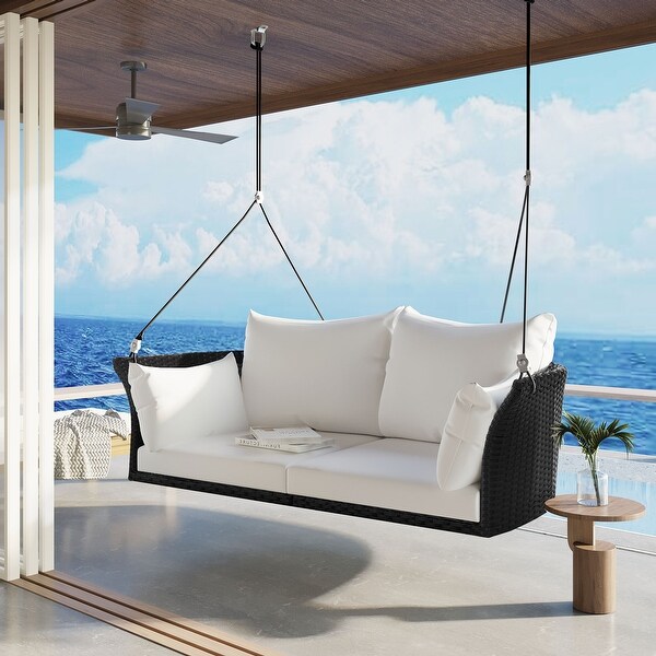 2Person Rattan Woven Swing Loveseat Sofa,Durable Porch Swing with Adjustable Ropes and Cushions