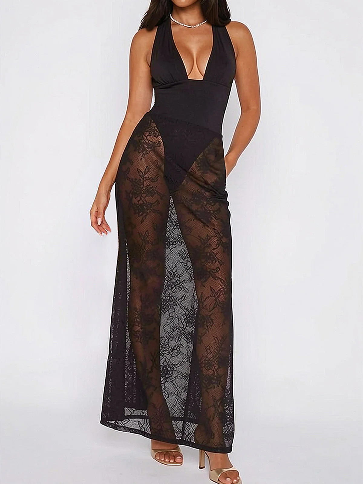 Deep V Halter Lace Maxi DressClistos