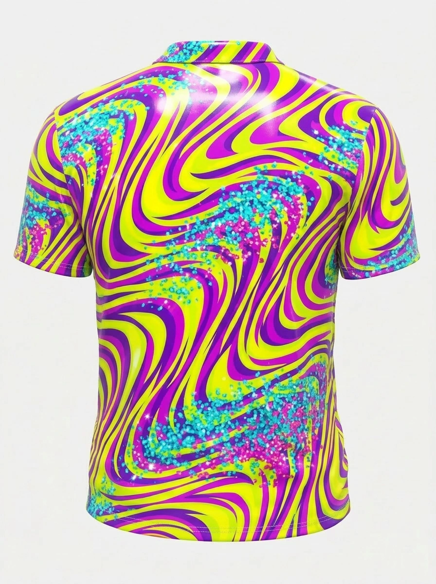 Moisture Wicking Golf Polo 3D Yellow Purple Swirl Glitter Button Short Sleeve Golf Polo Shirt