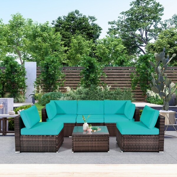 6 Pieces Patio Rattan Furniture Set with Cushions and Glass Coffee Table