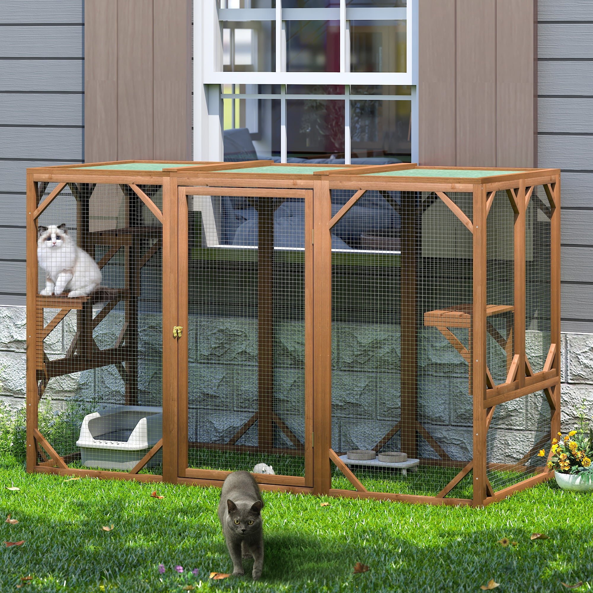 Coziwow Outdoor Cat House Enclosure Pet Cage Catio W/ Asphalt Roof, 3 Platforms, Gray
