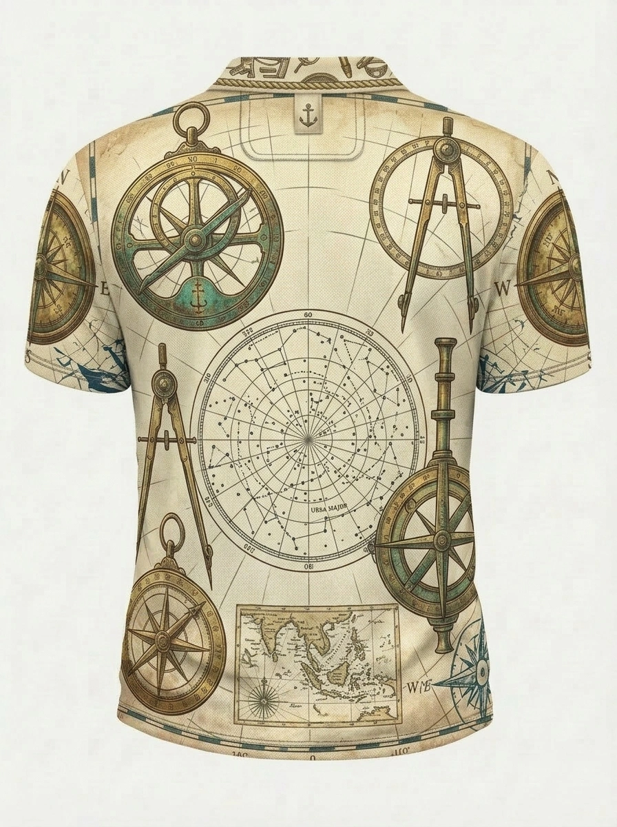 Moisture Wicking Golf Polo 3D Vintage Nautical Compass Button Short Sleeve Golf Polo Shirt