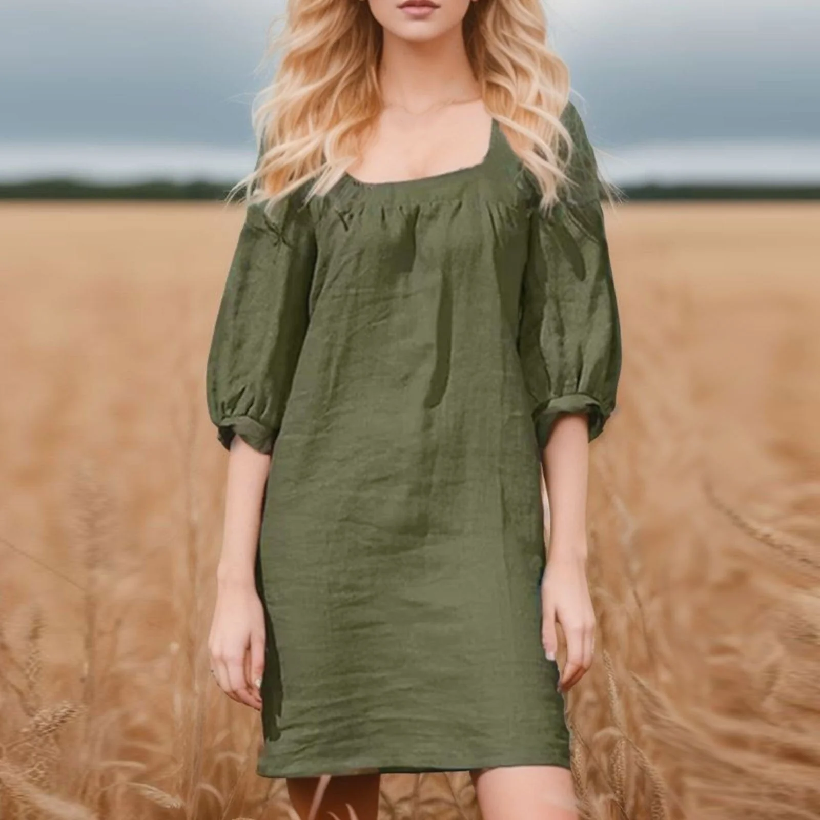 Boho Square Neck Puff Sleeve Midi DressClistos