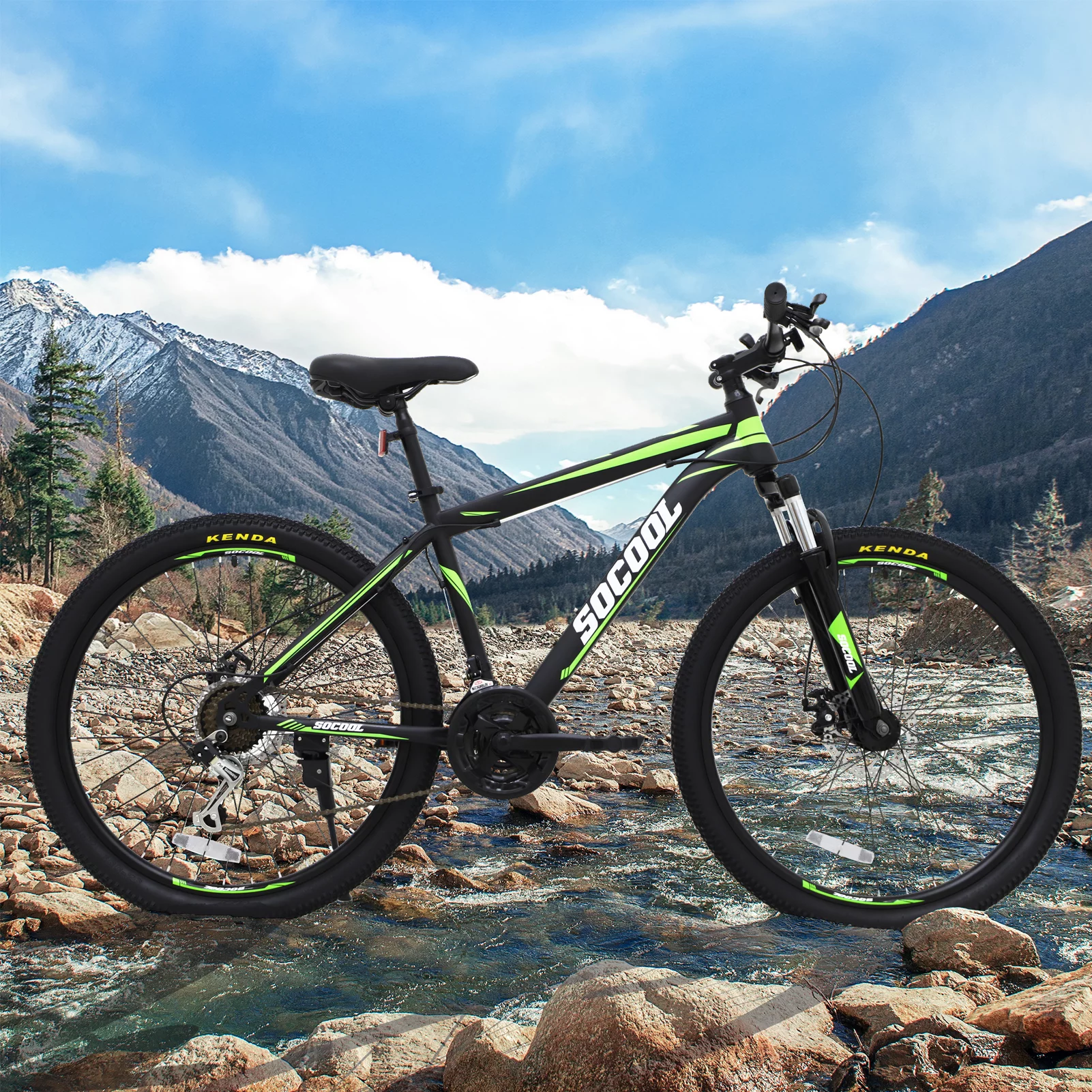 SOCOOL Mens Mountain Bike, Front Suspension, 21-Speed, 26-Inch Wheels, Aluminum Frame (Black and White), KP2182BK