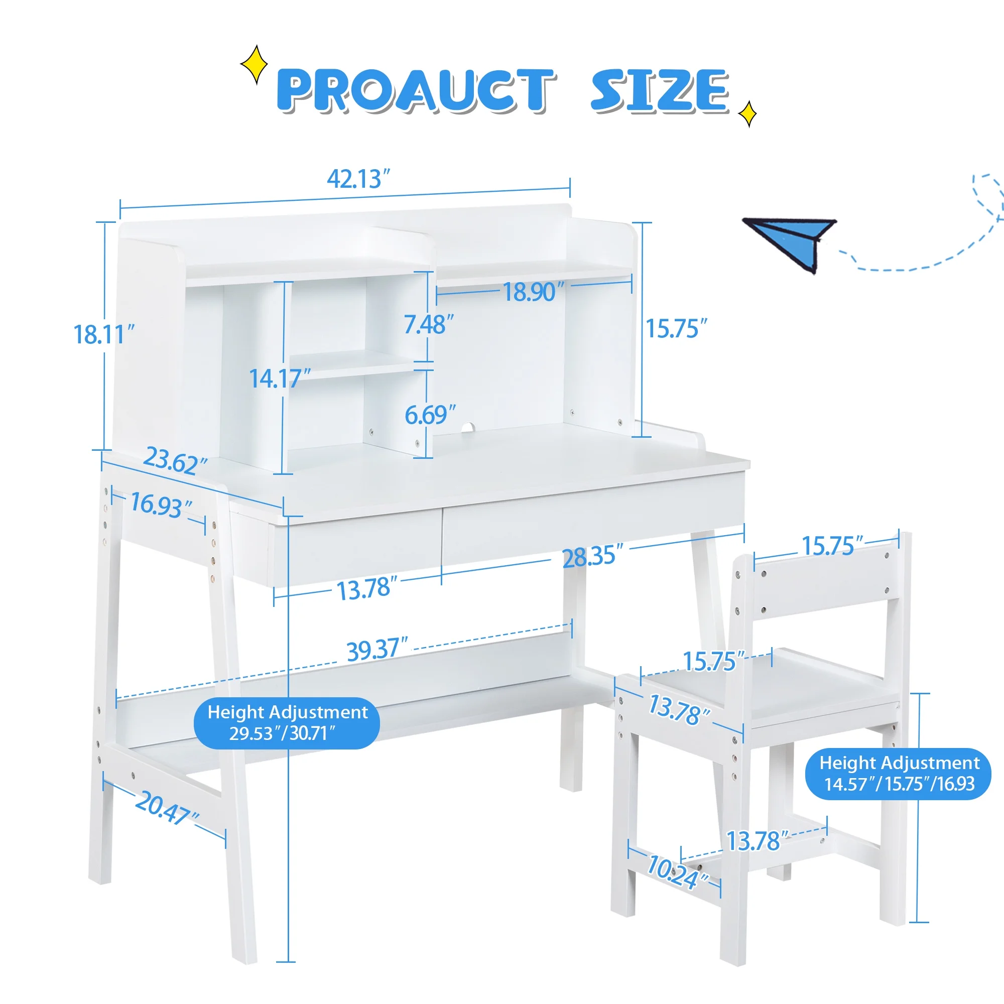 Kids Desk and Chair Set, White Wooden Study Desk for Kids with Drawers, Student Writing Desk Computer Workstation for Bedroom & Study Room for Ages 5-12 Boy and Girl