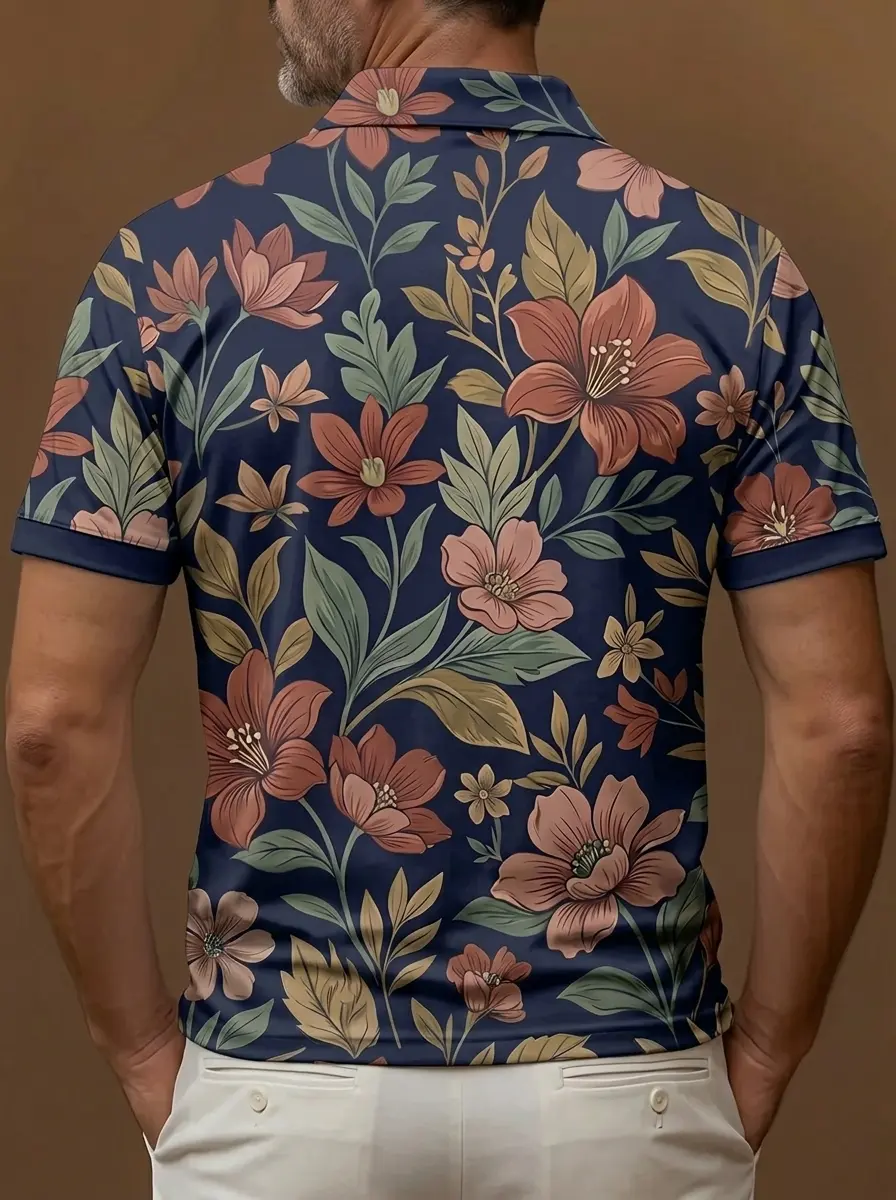 Navy Blue Floral Leaf Print Short Sleeve Golf Polo Shirt