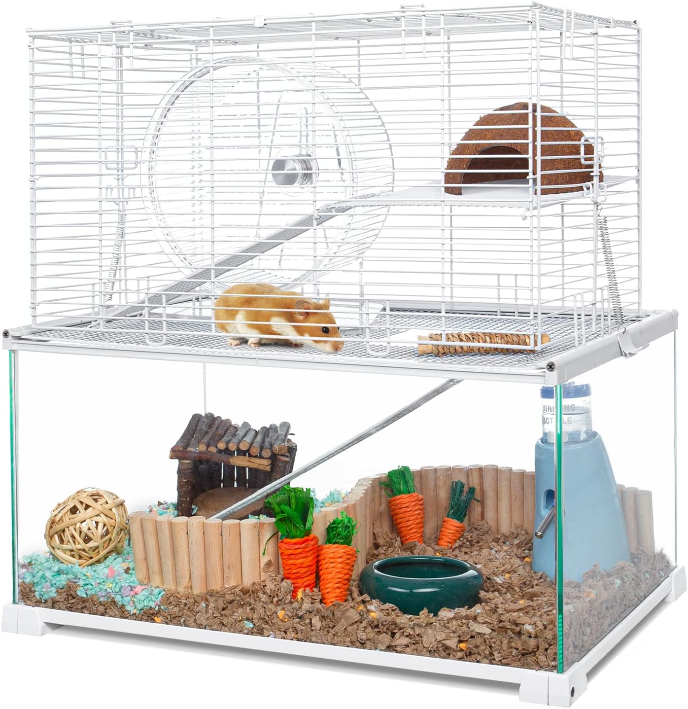 3 Tiers Large Hamster Cages, Glass Hamster Cage Habitat with Openable Wire Topper, Gerbil Cage with Two Ladders Ramps and Removeable Waterproof PVC Tray, Easy to Clean