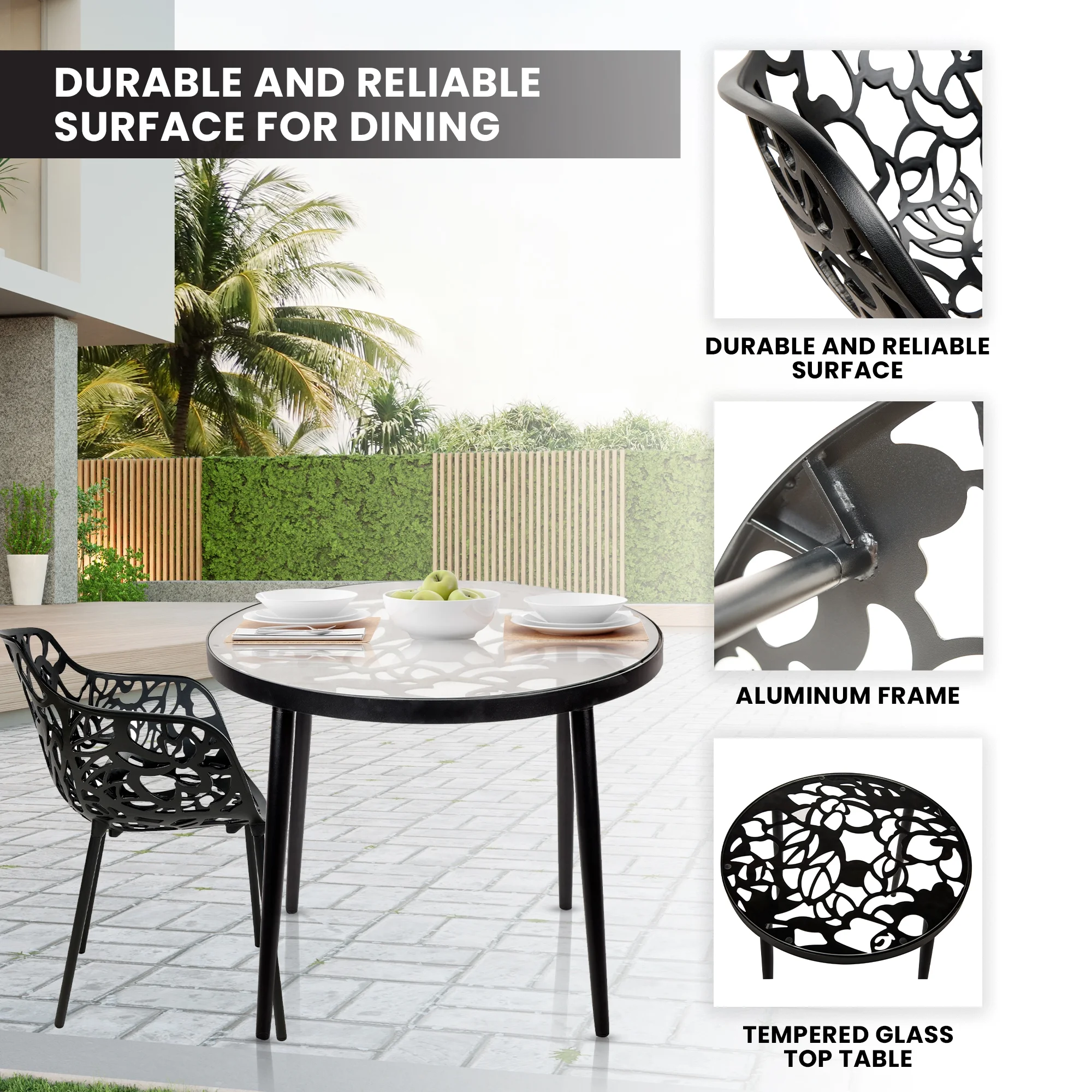 LeisureMod Devon Mid-Century Modern 3-Piece Aluminum Outdoor Patio Dining Set with Dining Table with Tempered Glass Top and 2 Stackable Flower Design Arm Chairs for Patio, and Backyard Garden Black