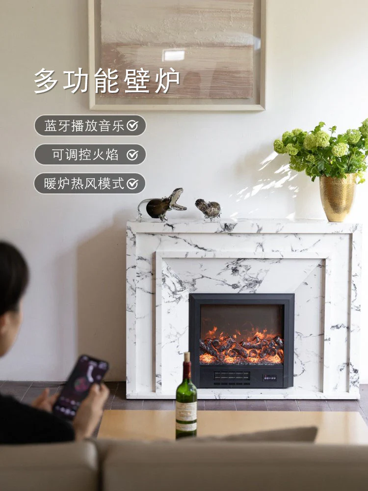 GA035 - Bulgari Ash Grey Marble! Lifelike Fire Smart Fireplace Speaker with Heating Hall Storage Side Cabinet