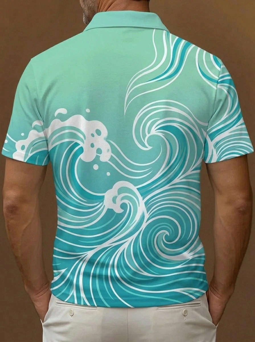 Teal White Ocean Wave Print Short Sleeve Golf Polo Shirt