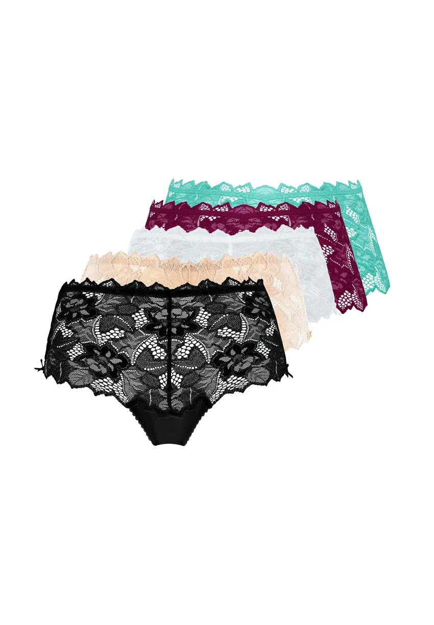 Lot de 5 culottes Arum Noir, Blanc, Skin, Magenta Pourpre et Vert Aquifère