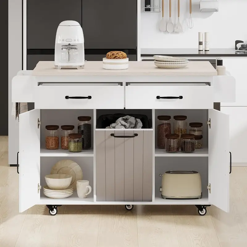 White Rolling Kitchen Island – Foldable Trolley with Trash Bin Compartment, Towel Rack, Drawers & Adjustable Shelves