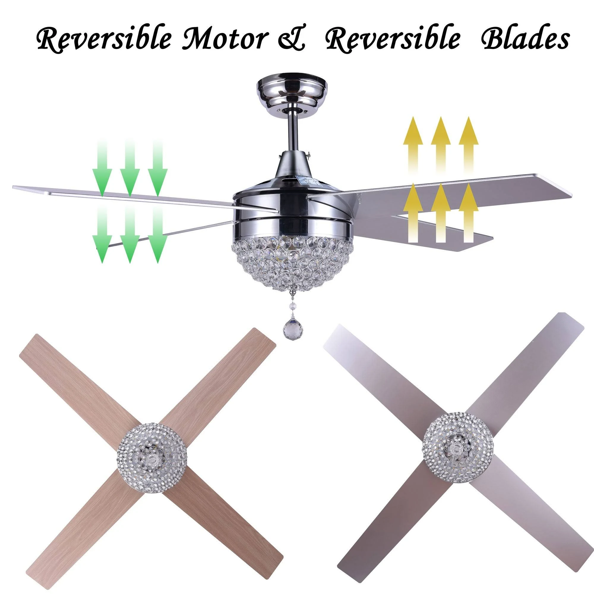 42x22 Modern Crystal Ceiling Fan with LED Light and Remote, Reversible - White