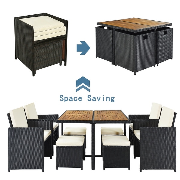 9piece Patio Wicker Dining Table Set with Wooden Tabletop