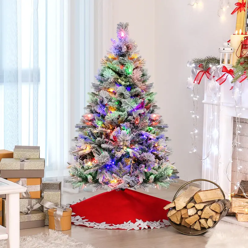 Snow-Flocked Pre-Lit Christmas Tree – 160 Multi-Color LEDs and Hinged Assembly