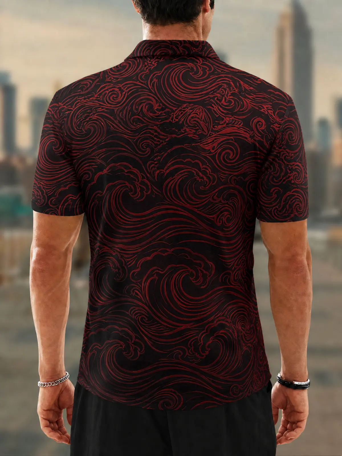 Moisture Wicking Golf Polo 3D Japanese Wave Art Button Short Sleeve Golf Polo Shirt