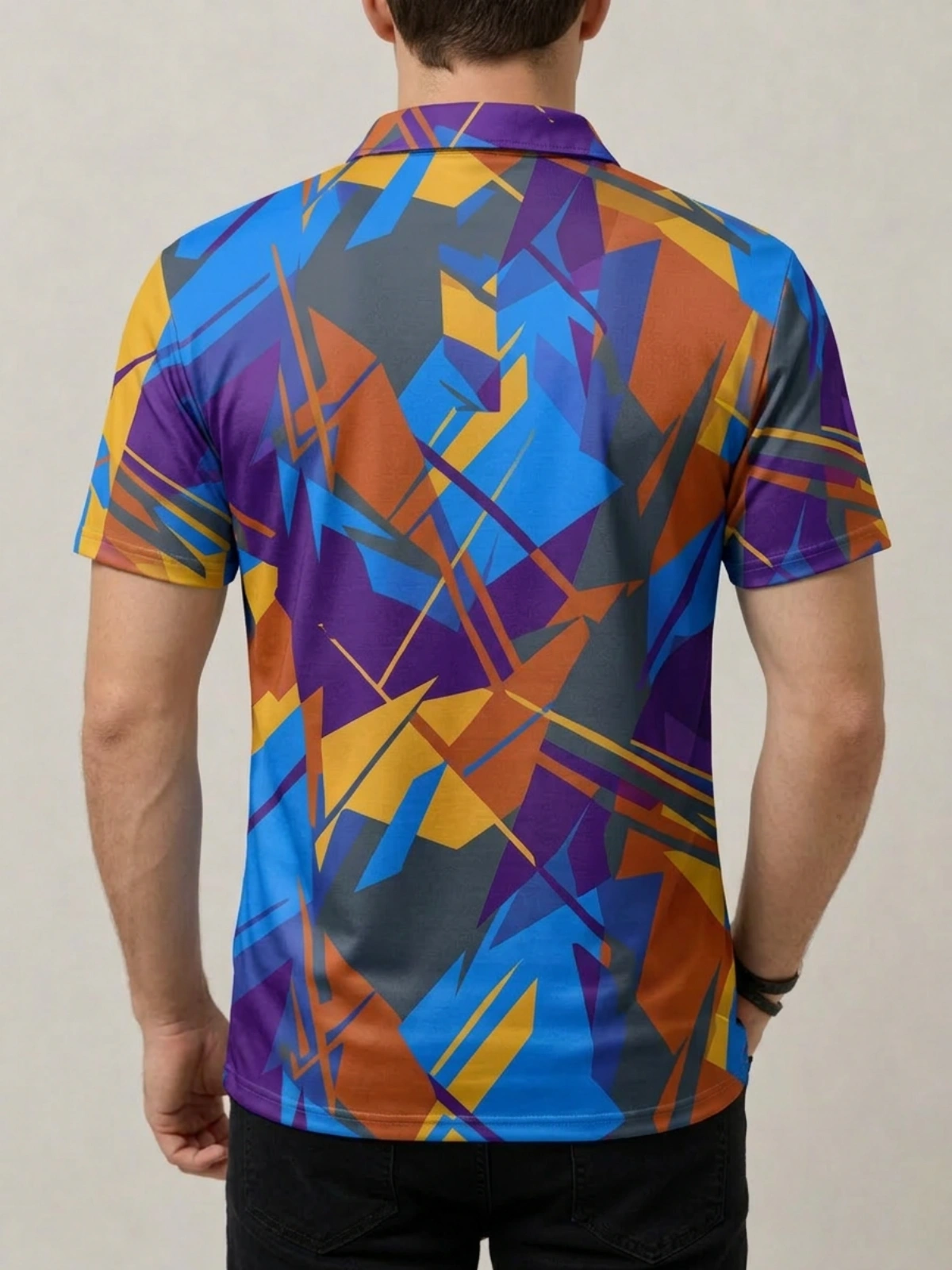 Purple Blue Orange Geometric Abstract Print Short Sleeve Golf Polo Shirt
