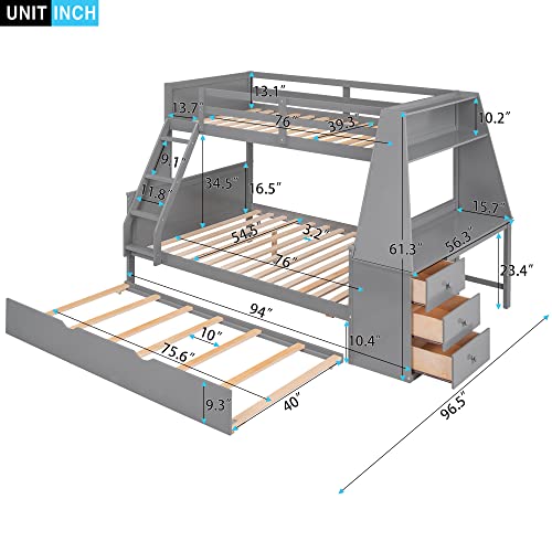 Harper & Bright Designs Twin Over Full Bunk Bed with Trundle and Built-in Desk, Solid Wood Bunk Bed Frame with Three Storage Drawers and Shelf, for Kids Teens Adults (Gray)