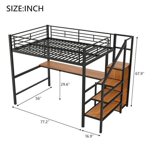 Queen Loft Bed with Desk and Stairs, Metal Loft Bed with Storage Shelves and Wardrobe, Heavy-Duty Loft Beds with LED Lights and USB Ports for Kids, Teens, Adults, White