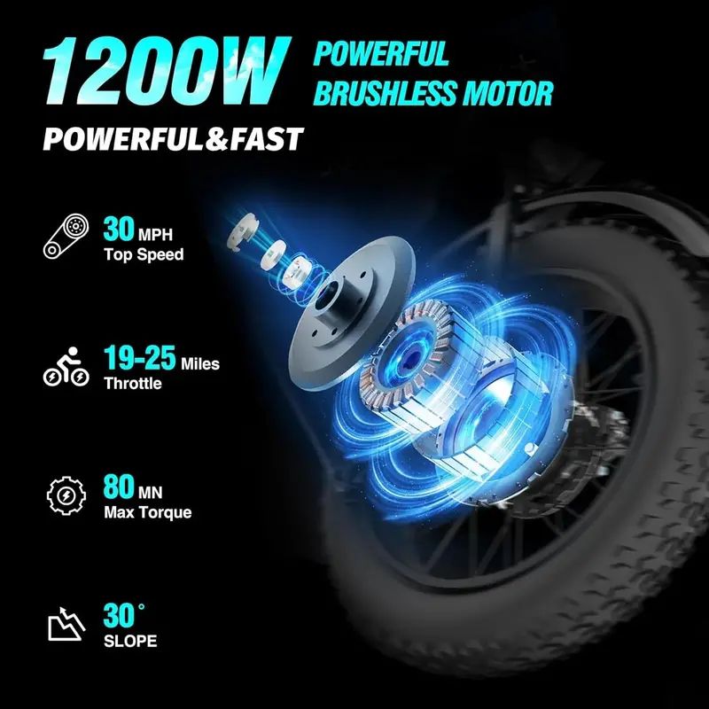 Ridstar 1200W Adult Electric Fat Tire Mountain Bike – 48V 15.6Ah Battery, 20″ Tires, 7-Speed Full Suspension, 48 km/h Top Speed