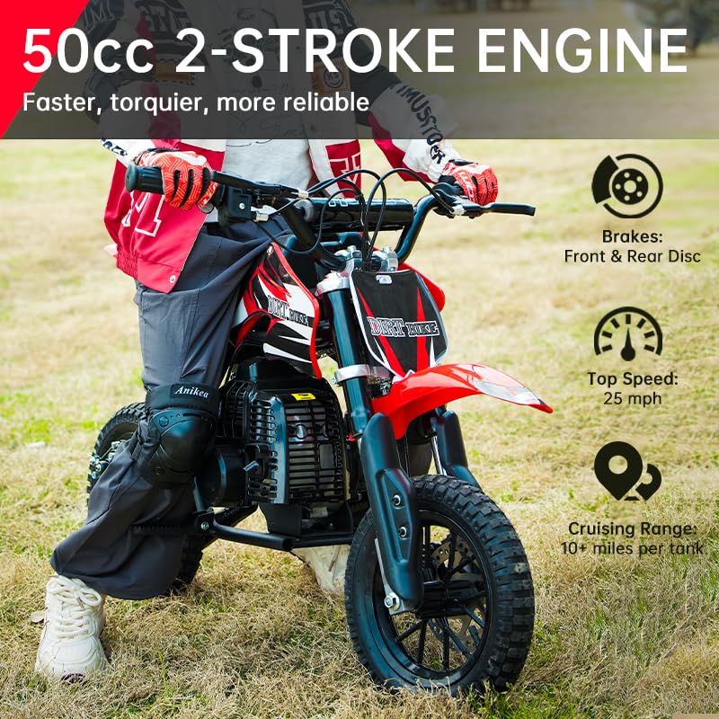 TOXOZERS Alien001 Mini Dirt Bike, 50CC 2-Stroke Kids Dirt Bike, EPA Approved Gas Powered with Front Fork and Rear Mono Shock, Up to 25 Mph, Weight Support Up to 130 LBS (Black)