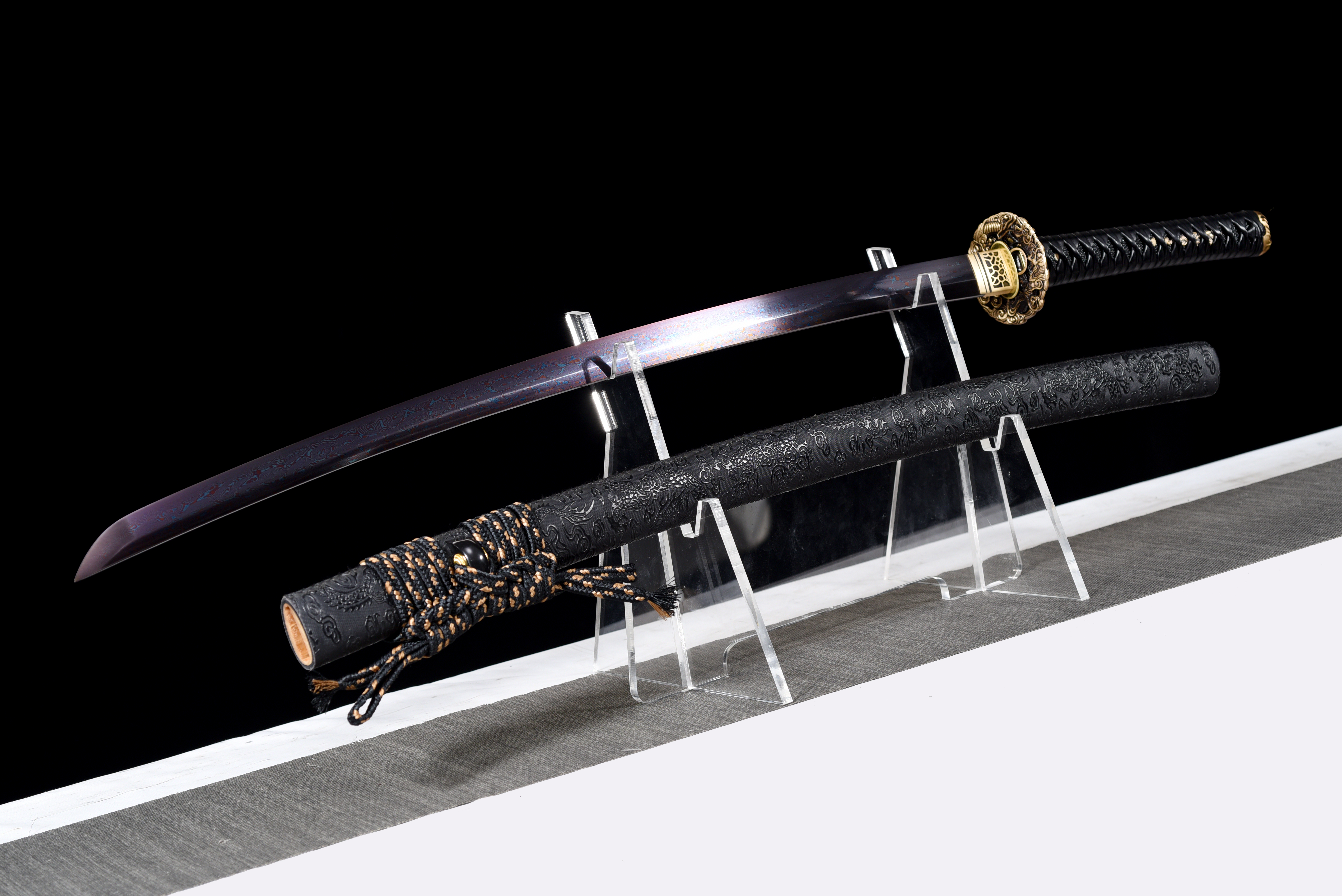 Dragon Katana – Blue Baked Damascus Steel, Full Tang