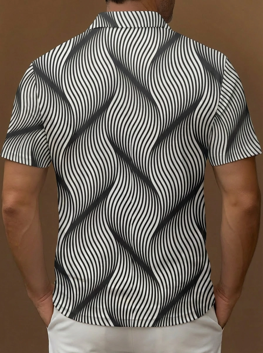 Black White Wavy Stripe Optical Illusion Pattern Button Short Sleeve Golf Polo Shirt