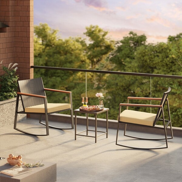 3 Piece Rocking Patio Bistro Set Wicker,Rocking Chair Pub Set with Glass Table
