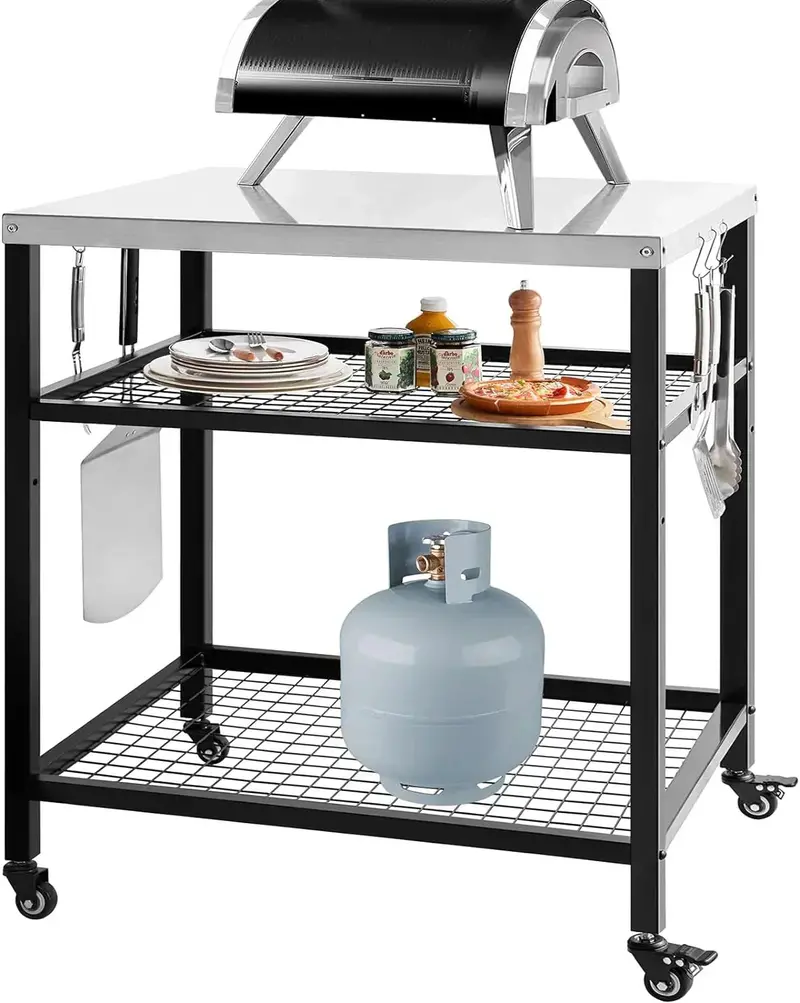 Stainless Steel Outdoor Pizza Oven Cart – 3-Tier Rolling Grill Stand with Wheels