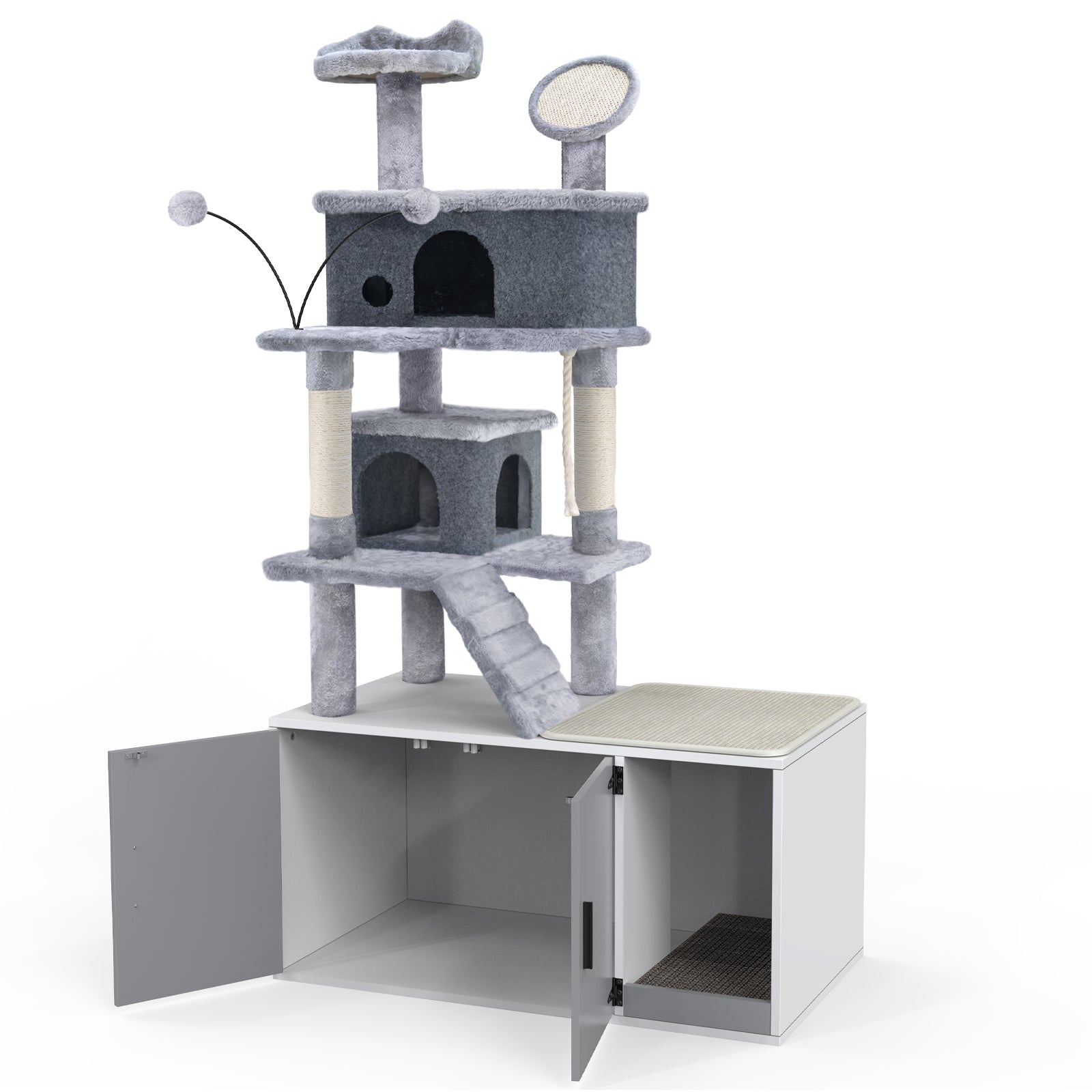 GDLF Cat Litter Box Enclosure Hidden Washroom Tower All-In-One Tree Condo, Grey