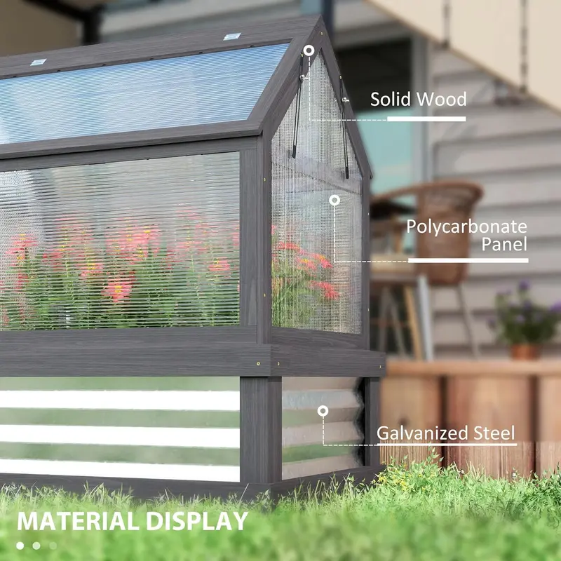 Wooden Raised Garden Bed with Polycarbonate Peak-Roof Greenhouse – 35.5″ x 22.5″ x 38.25″, Gray Cold Frame Planter