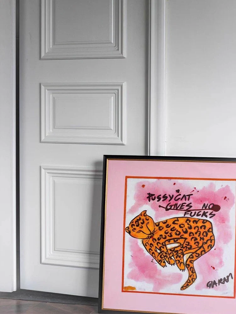 AH067 - Vintage Hand-Painted Oil Pink Leopard 