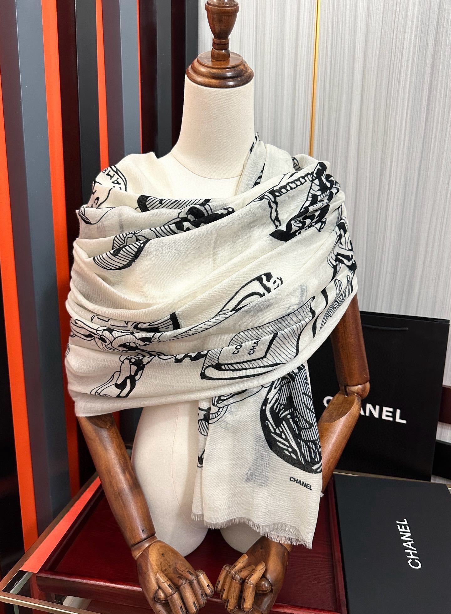 Chanel Silk Shawl Charm Chain Motif White For Women 200cm