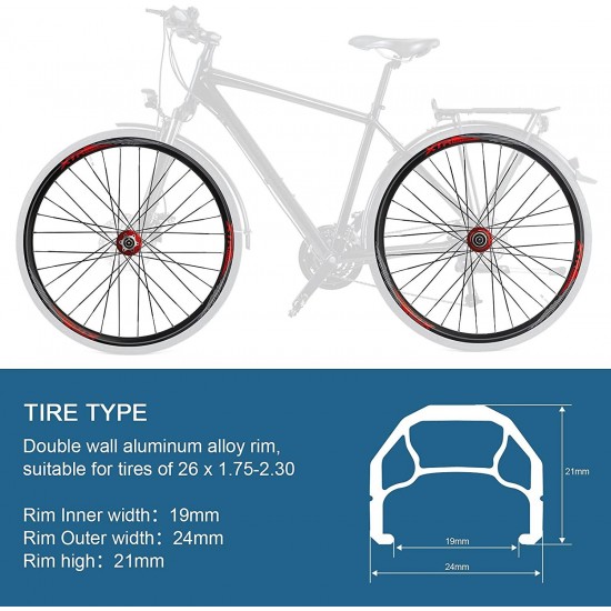 Bicycle Wheelset, Bicycle Wheel Front & Rear Set 26″ Double Layer Alloy Rim Sealed Bearing, QR ​7-11 Speed Cassette Hub Disc Brake