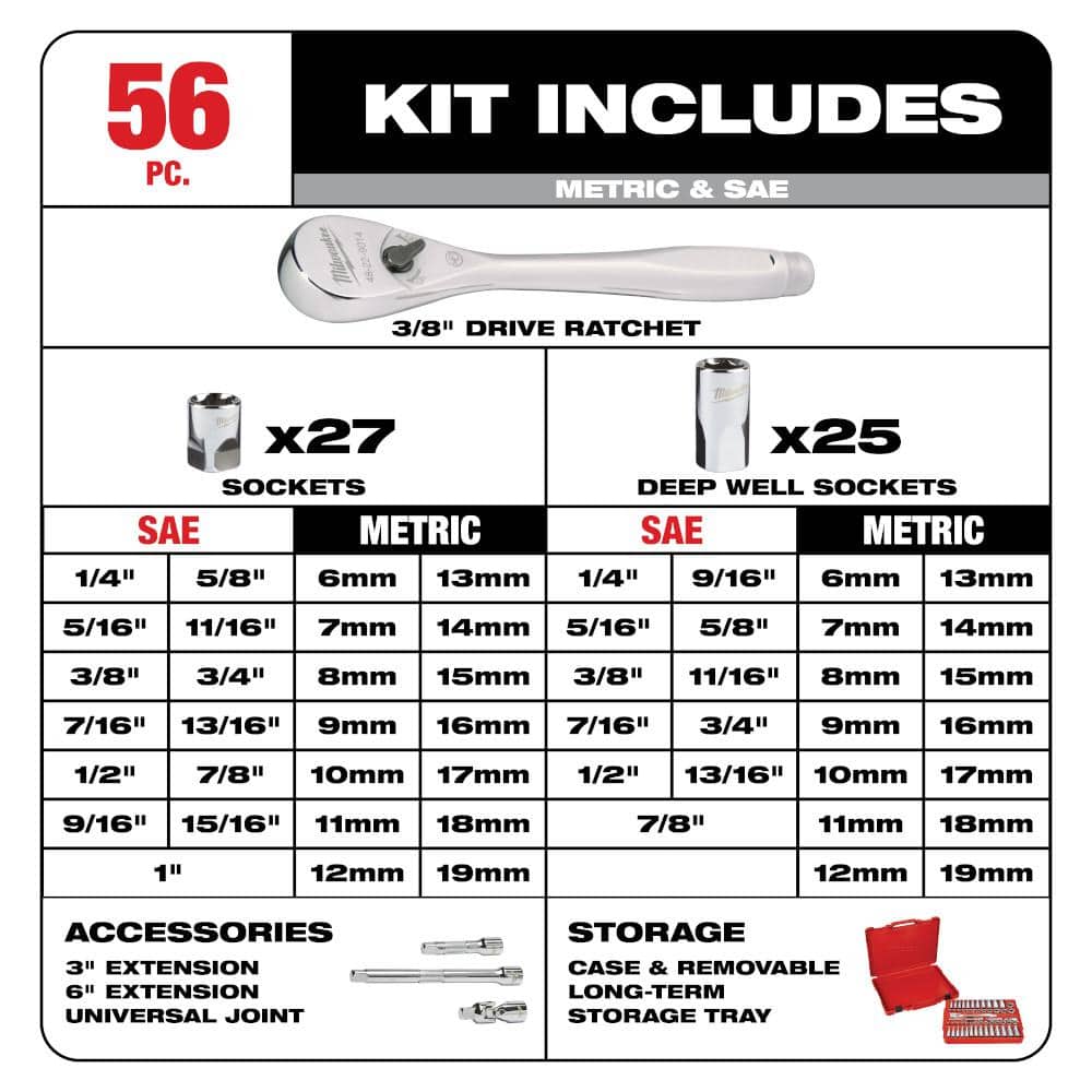 Milwaukee 3/8 in. Drive SAE/Metric Ratchet and Socket Mechanics Tool Set (56-Piece) 48-22-9008