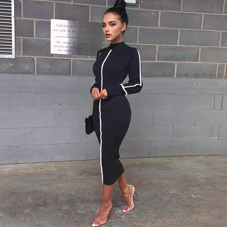 Striped Mock Neck Long Sleeve Bodycon Knit DressClistos