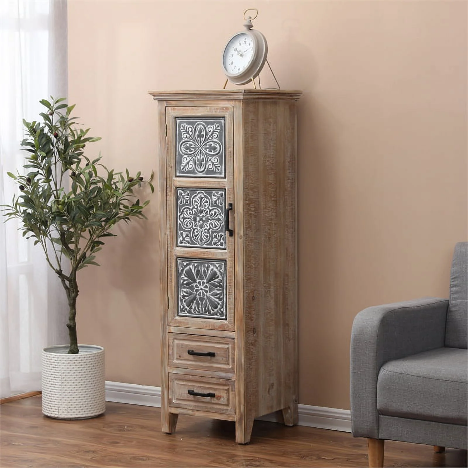 Home Square 2 Drawer Wood Tall Tower Cabinet Set in Brown (Set of 2)