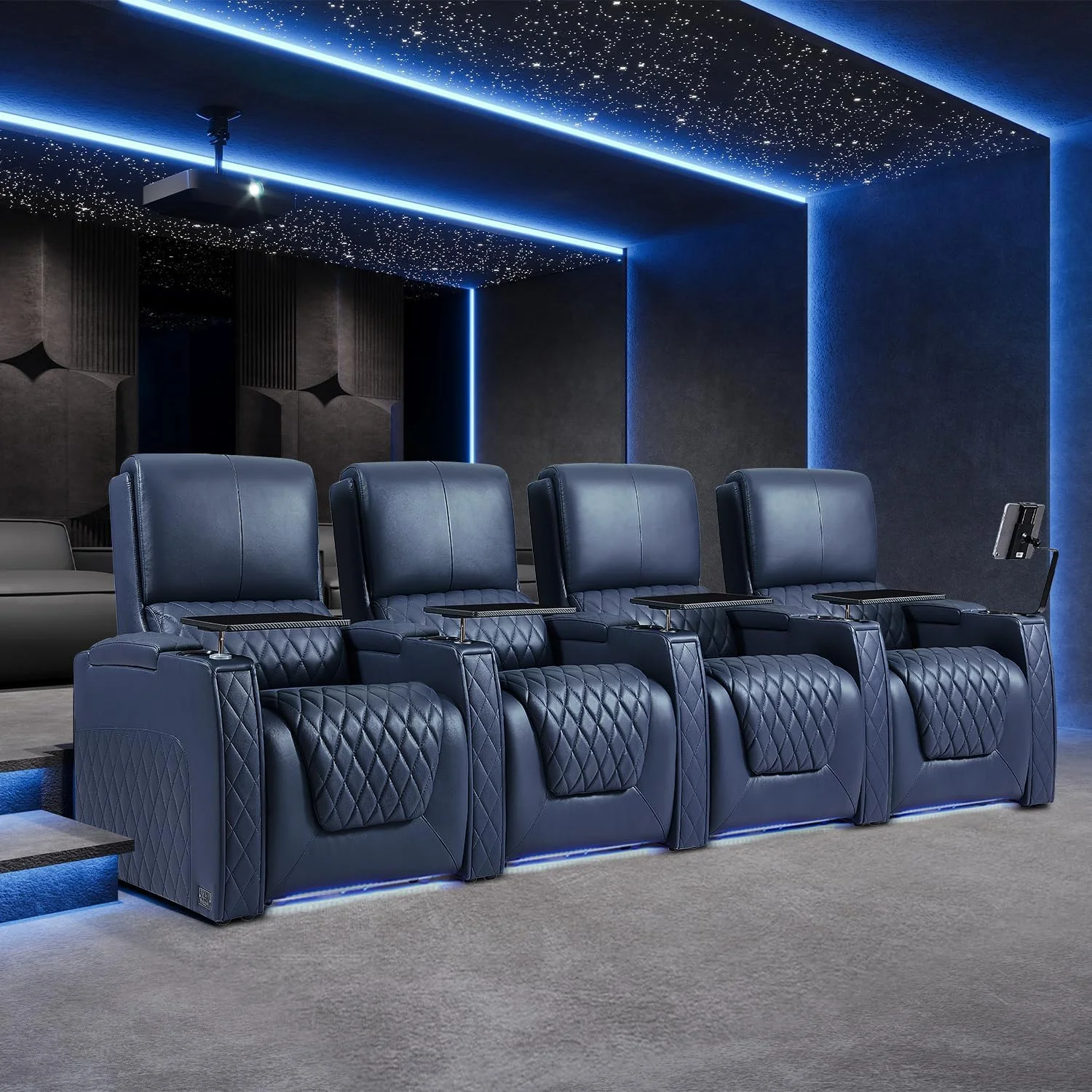 Weilianda Astronaut Zero Gravity Home Theater Seating Top Grain Leather Recliner Sofa Power Headrest Footrest with Carbon Fiber Tray Table, Tablet Stand, Cup Holders Row of 2 Loveseat Navy Blue