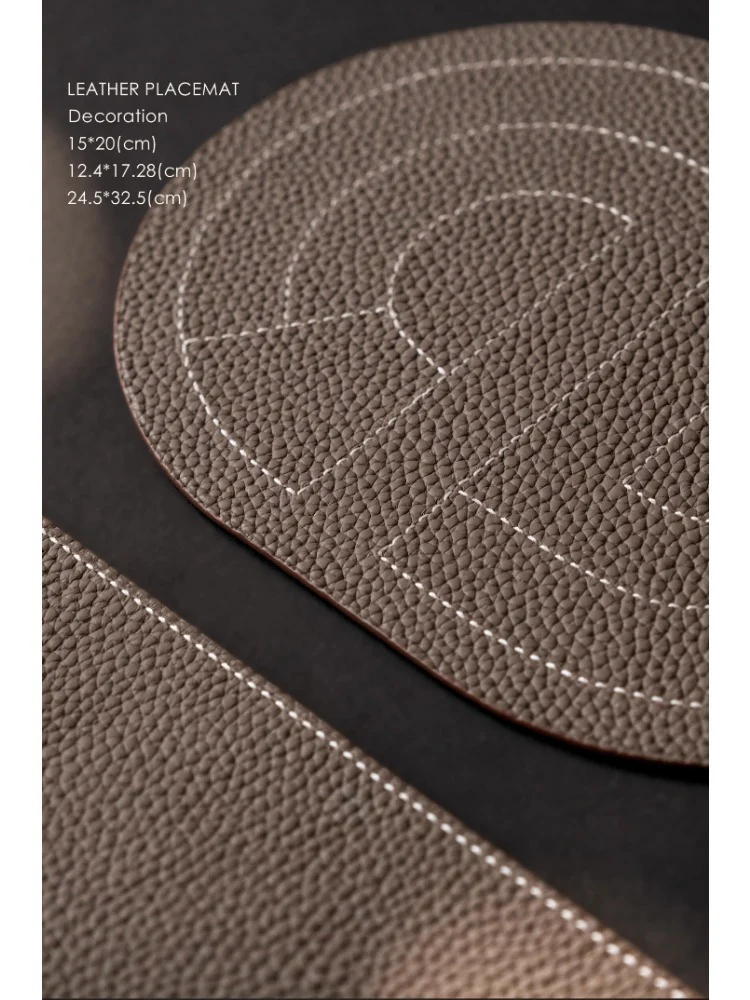 DC078 (Set) - Calfskin Elephant Gray Outer Stitching Dining Mat Table Mat Cup Mat Tea Tray (Set of Three)