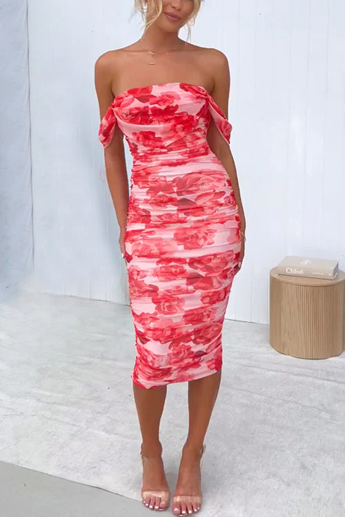 Off Shoulder Mesh Midi Bodycon DressClistos