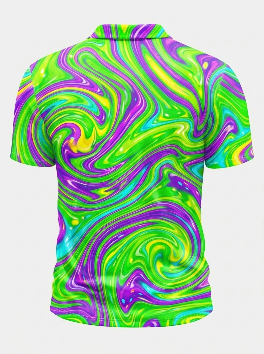 Moisture Wicking Golf Polo 3D Green Purple Swirl Liquid Button Short Sleeve Golf Polo Shirt