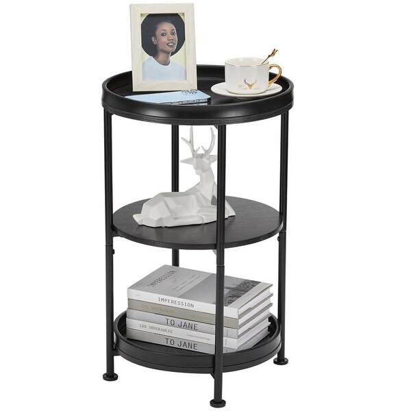 Round Industrial Sofa Table with 3 Storage Shelves,Black