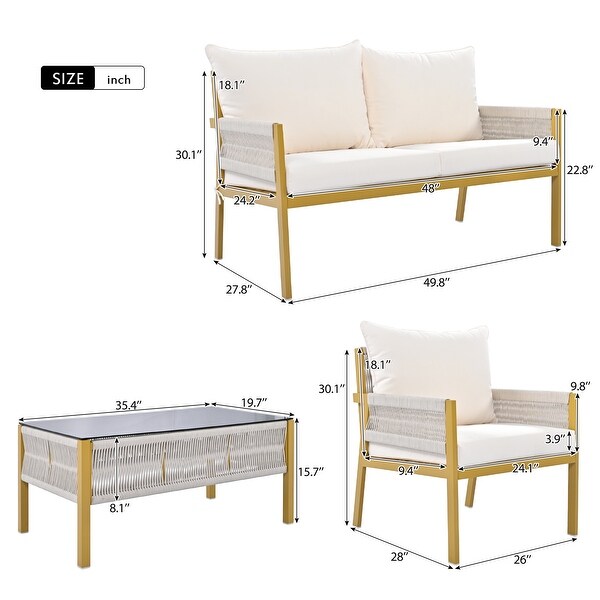 4Piece Rope Patio Furniture Set with Tempered Glass Table