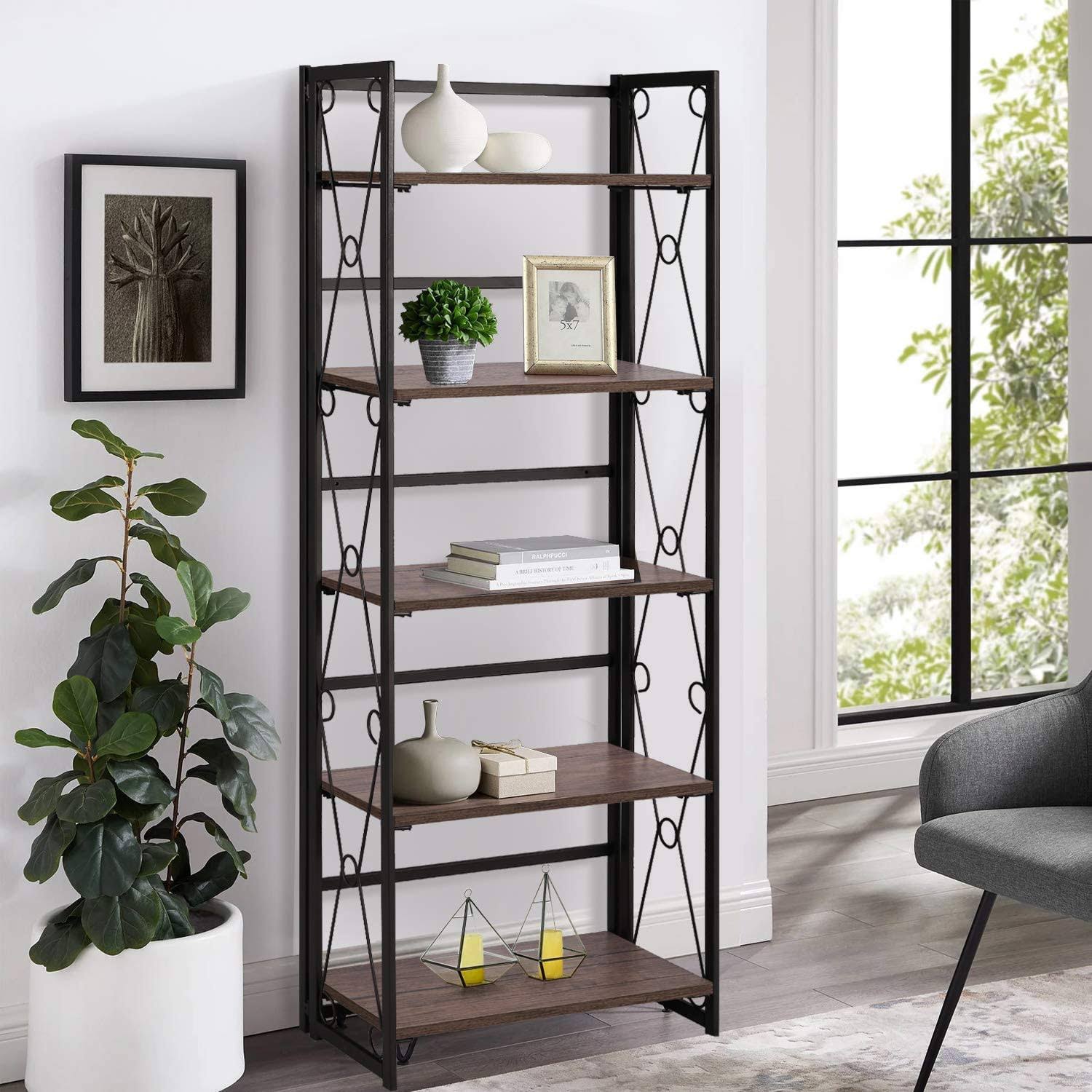 5 Tier Bookshelf Set of 2 Industrial Folding Bookcase with Metal Fram