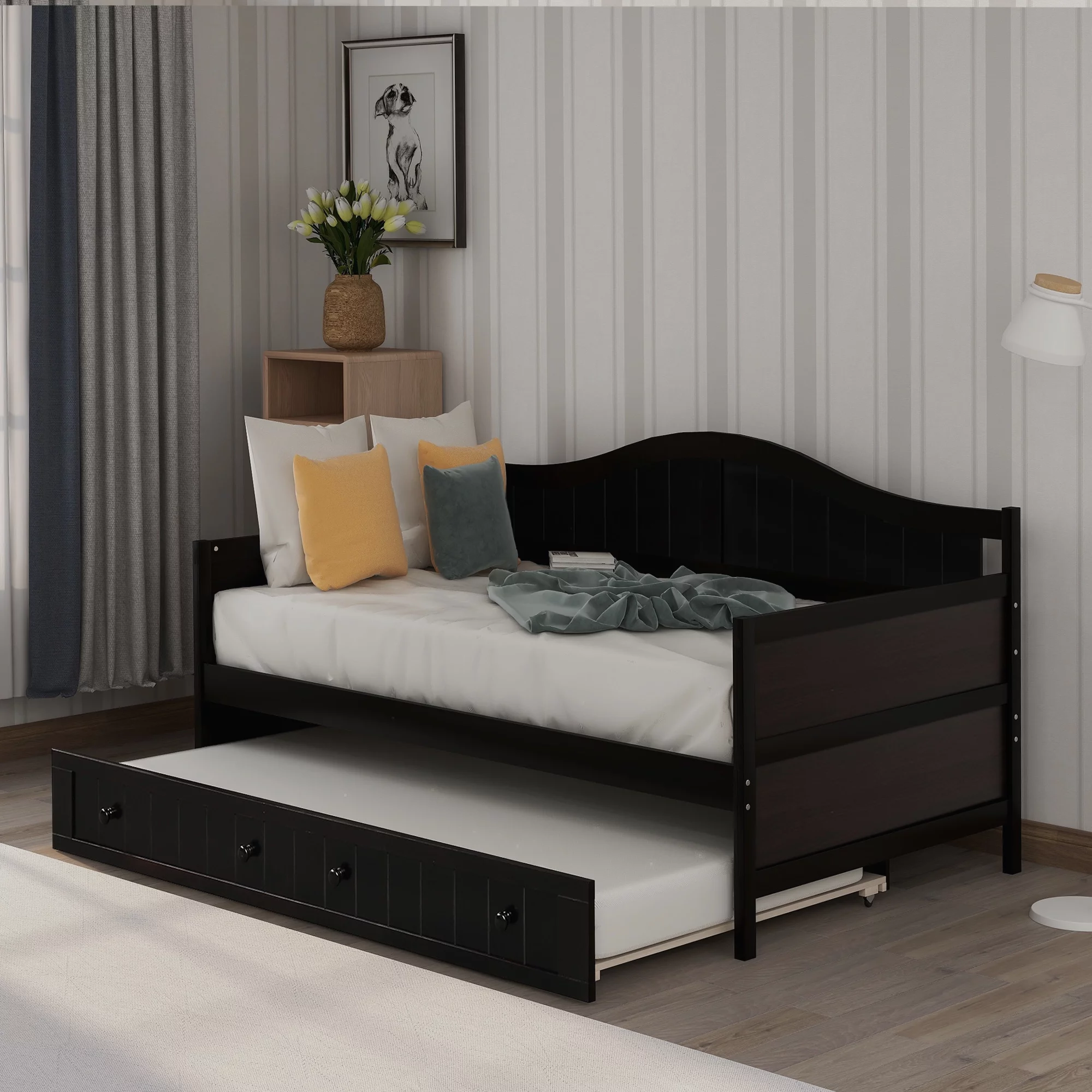 Double Wooden Sofa Bed Slatted Roller Bed Bedroom Living Room Sofa Bed Classic Arched Profile Living Room Guest Room Children's Room (Espresso)