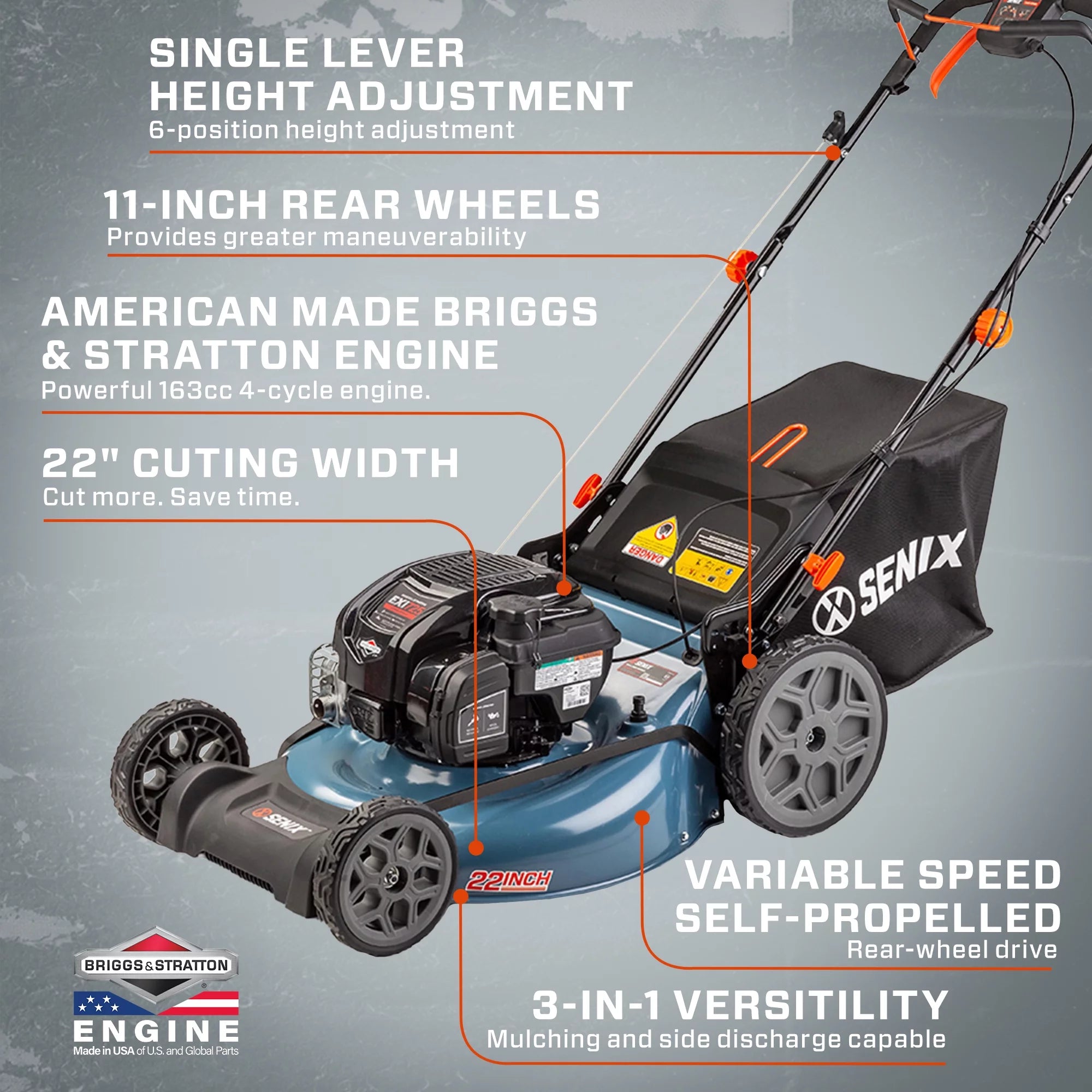 SENIX 22in 163cc 4-Cycle Gas Self-Propelled Mower, 3-in-1, Variable Speed, 11in Rear Wheels, LSSG-H2