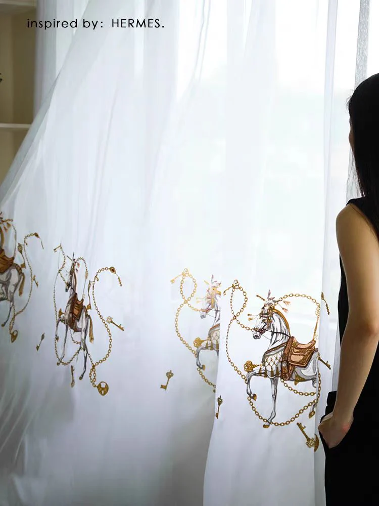 FS008 - Herm@s Dream of Paris / Three-Dimensional Embroidery Soft Light Sheer Curtains Translucent Living Room Bedroom Floor-to-Ceiling Curtains
